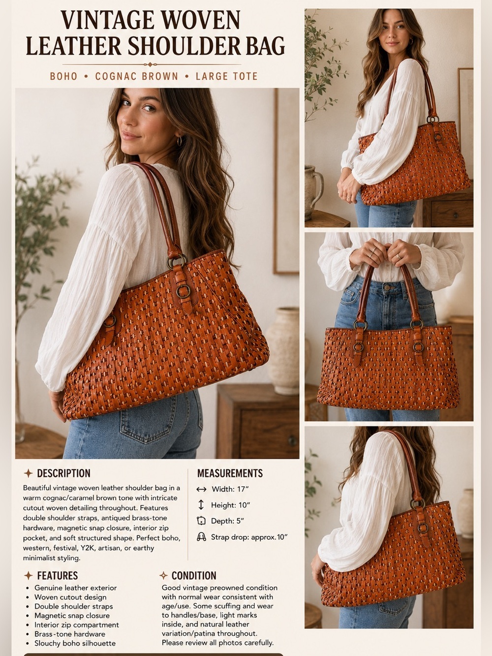 Vintage Woven Leather Shoulder Bag Boho Cognac Brown Cutout Handbag Large Tote